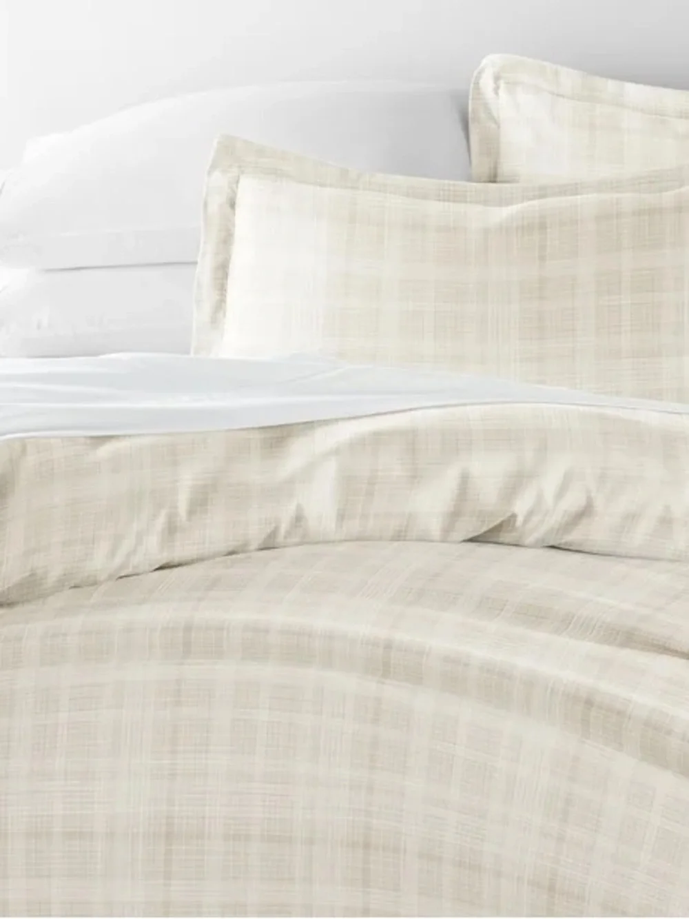 Full Queen 3 Piece Duvet Cover Set Beige Grid Microfiber 2 Shams New